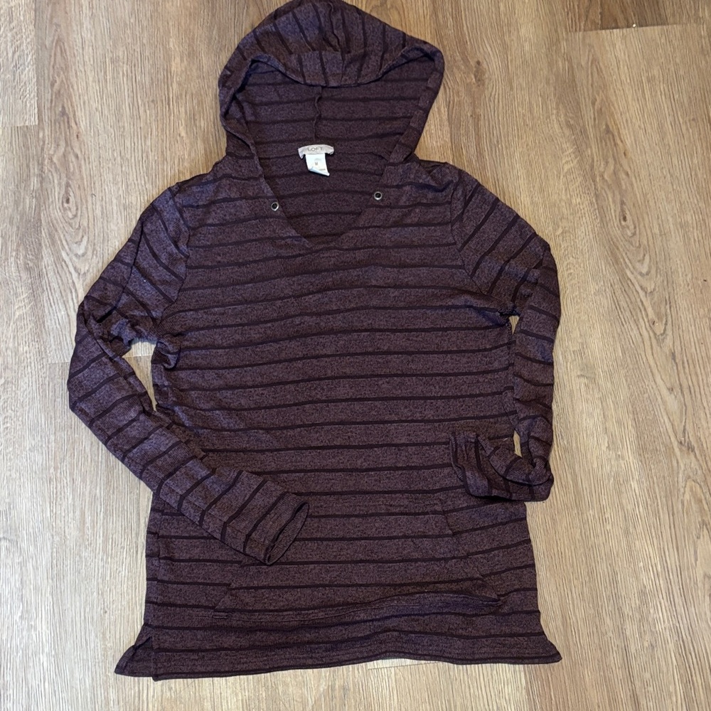 Women's Loft Striped Purple Hooded Knit Pullover Sweater